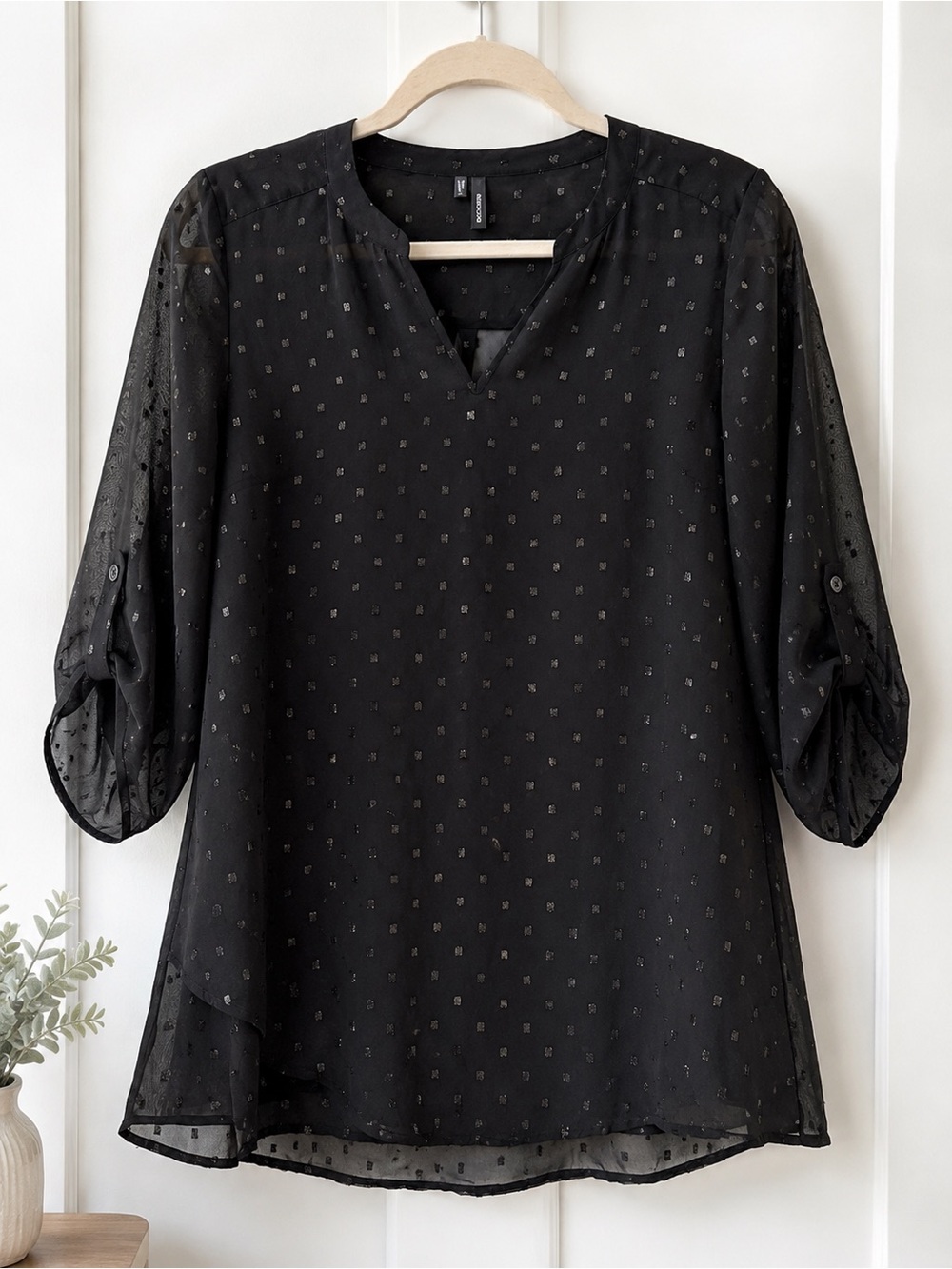 Maurices Black Sheer Metallic Dot Blouse | Size Medium | 3/4 Slee